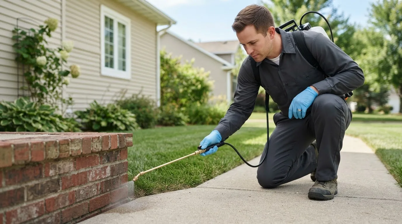Pest control technician treating a home near Wolverton, MN